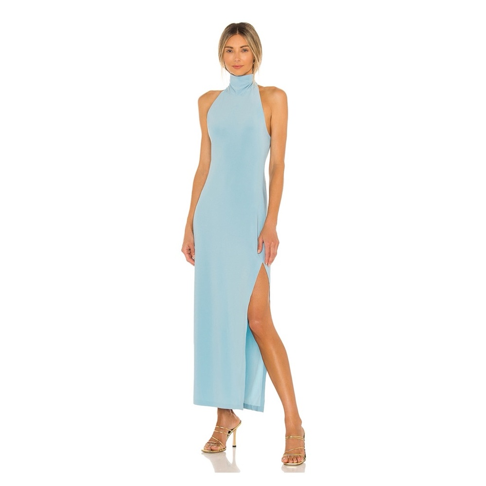 NWT Norma Kamali Halter Turtle Side Slit Gown Powder Blue